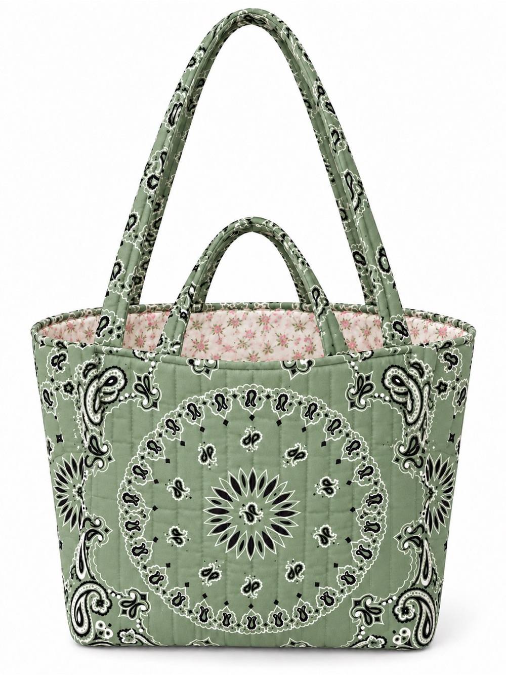 Handmade Quilted Green Bandanna Tote Bag Two Short Straps Two Long Straps